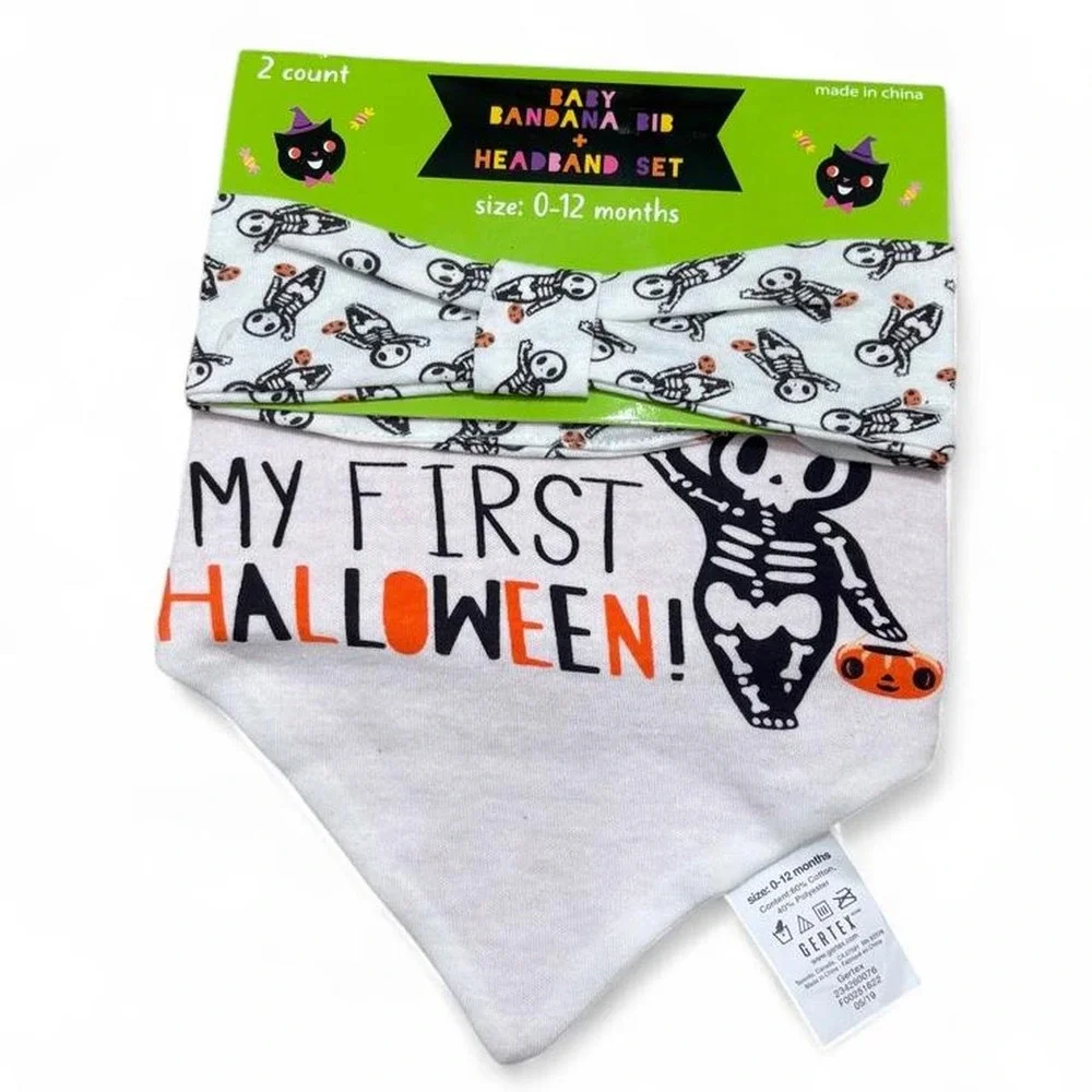 Halloween Baby Bandana Bib Headband 2 Set 0-12M black cat & MY FIRST HALLOWEEN